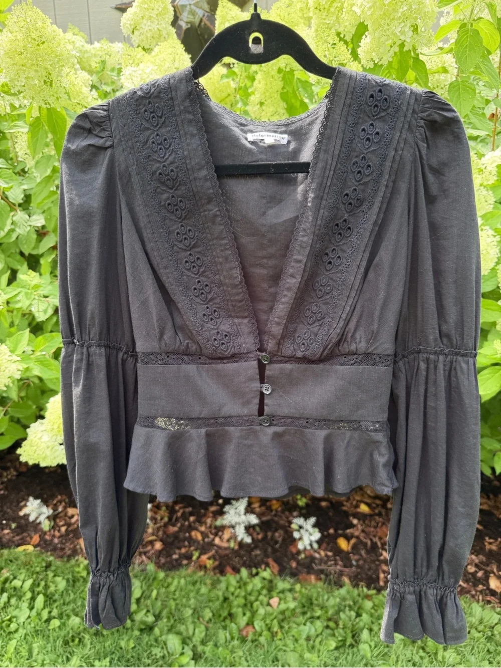 Reformation Black Embroidered V-Neck Peplum Blouse